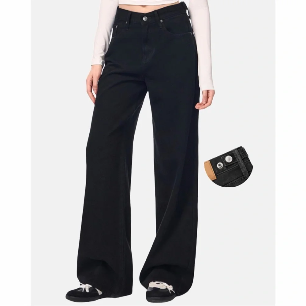 Adjustable Waist Black Jeans Women's 30 Baggy Wide‎ Leg Y2K Indie Sleaze Denim